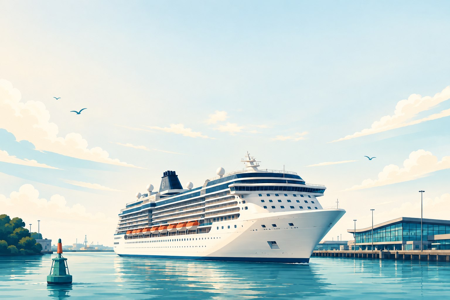 Illustration of an unbranded cruise ship in Southampton harbour